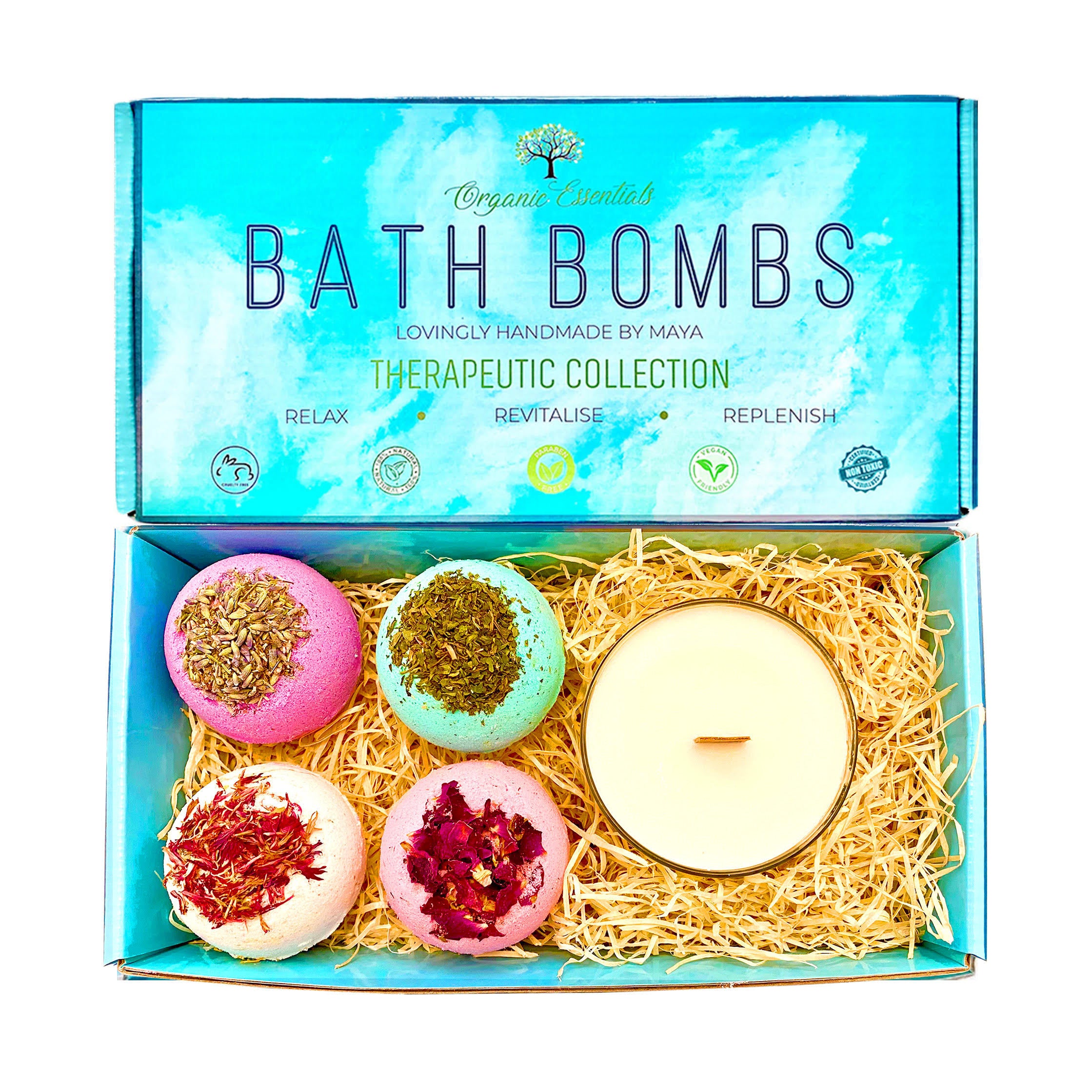 Bath Bomb Gift Set with Coconut & Monoi Scented Candle and Wood Wick