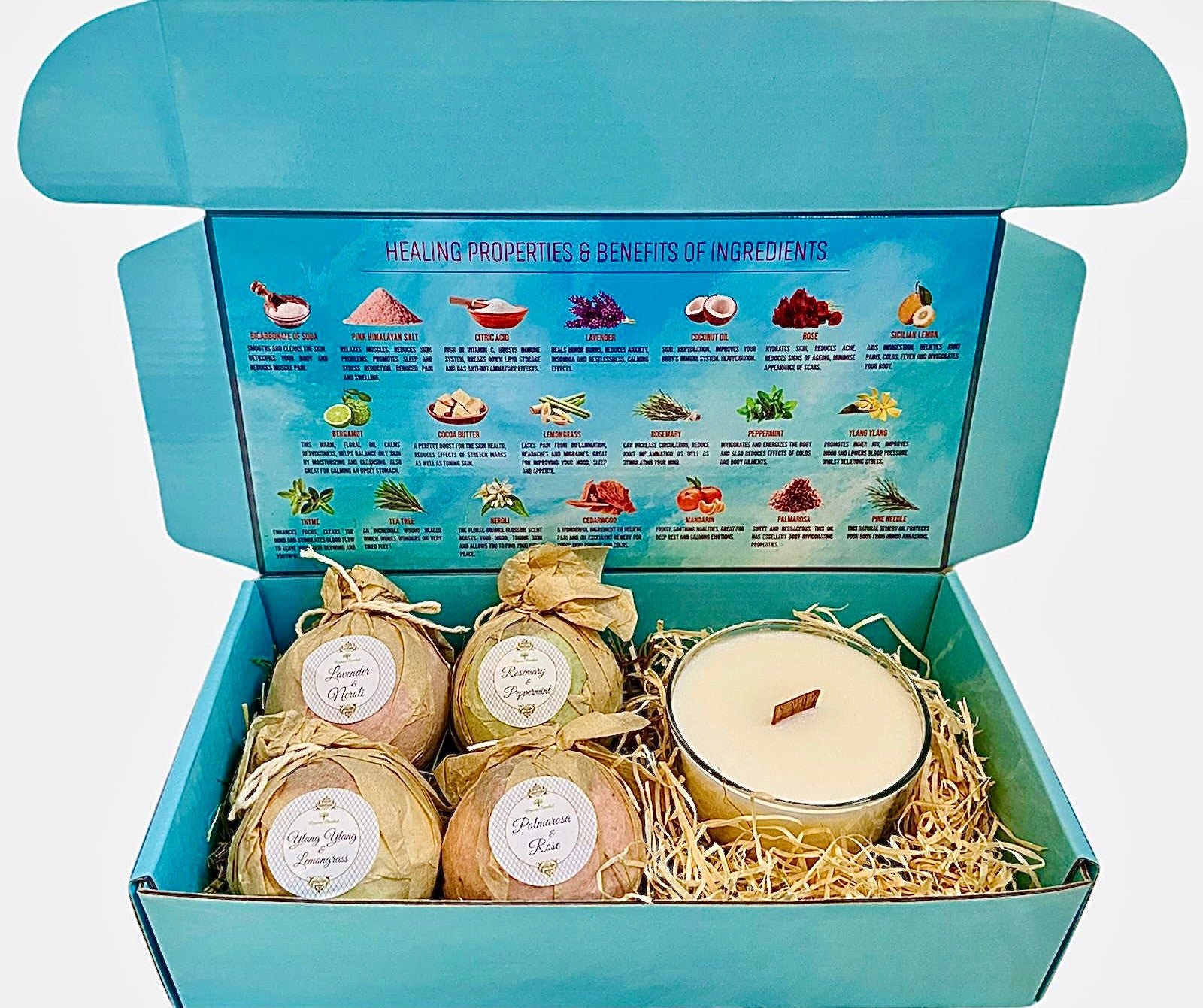 Bath Bomb Gift Set with Coconut & Monoi Scented Candle and Wood Wick