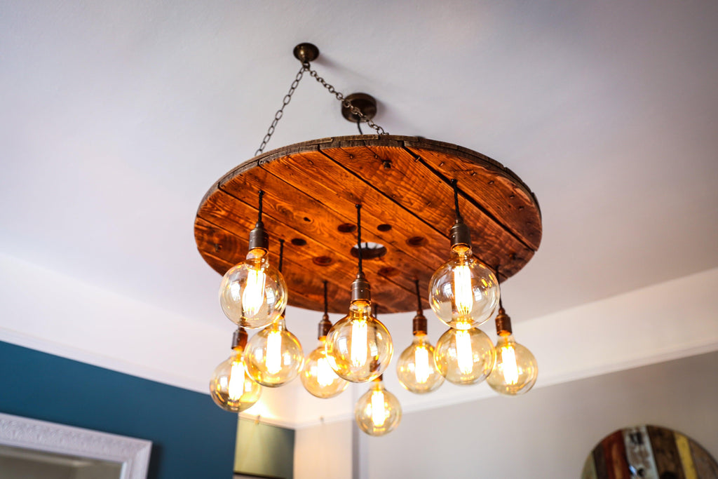 Rustic Industrial Cable Reel Cascade Chandelier
