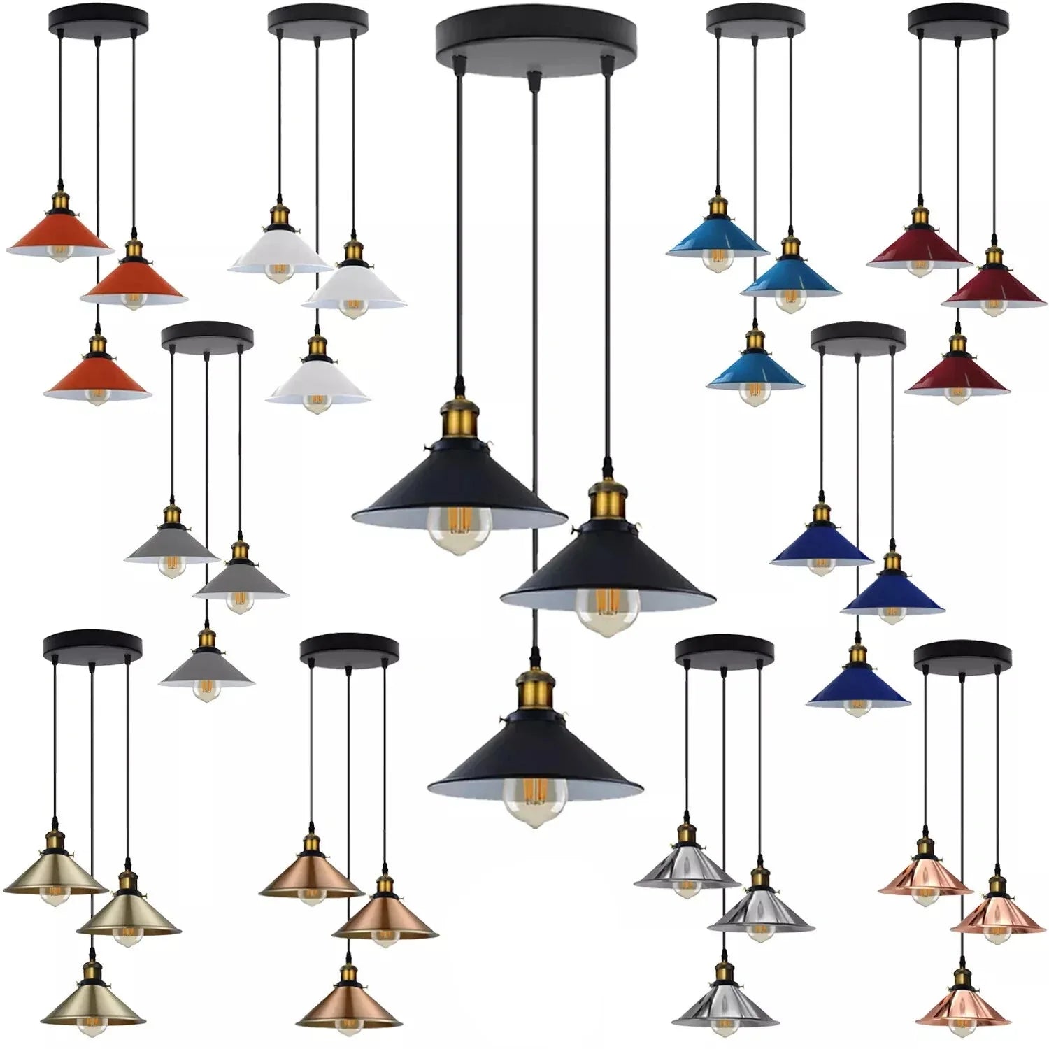 Modern 3-Way Pendant Light with Cone Shades, Adjustable E27 Ceiling Fixture ~3862