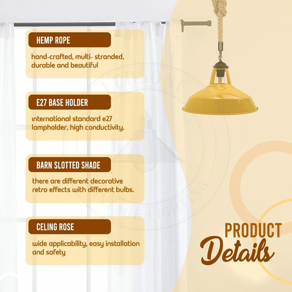 Vintage 2m Hemp Rope Pendant Ceiling Light | Metal Shade Kitchen Bar~5044