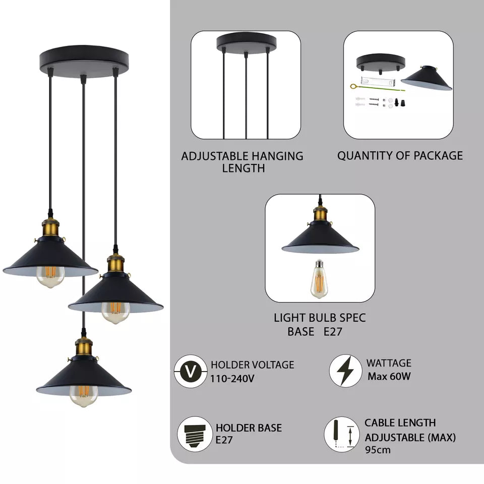 Modern 3-Way Pendant Light with Cone Shades, Adjustable E27 Ceiling Fixture ~3862